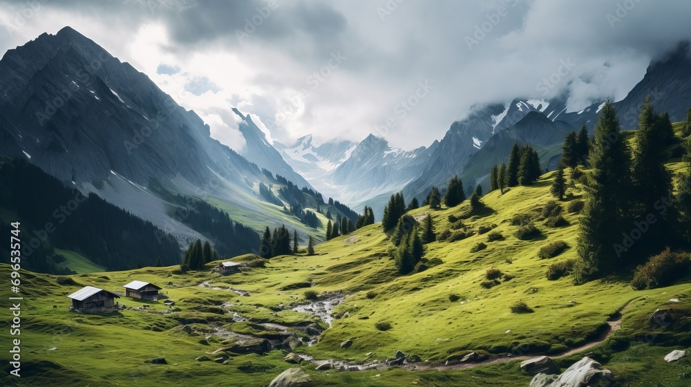 The scenery of a green valley near the alpine mountains in austria is breathtaking amidst a cloudy sky.