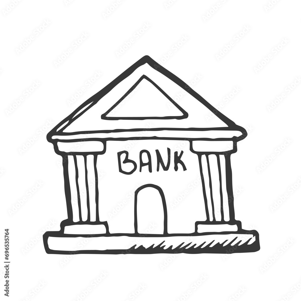 Black and white doodle style vector illustration of bank. Hand drawn vector illustration of online banking. Black and white doodle style vector illustration of bank. Hand drawn vector illustration of online banking.