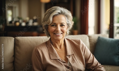 Smiling middle aged woman sitting on sofa at home, single mature senior in living room