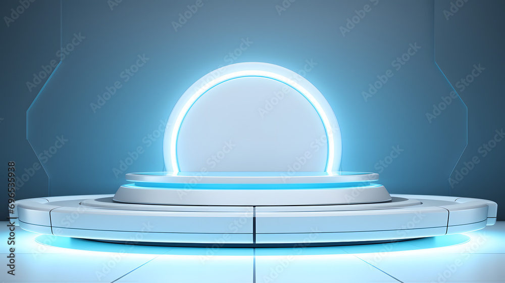 Beautiful futuristic technological light blue podium with light white CERAMIC panels for product presentation Beautiful futuristic technological light blue podium with light white CERAMIC panels for product presentation