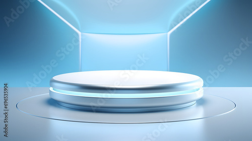 Beautiful futuristic technological light blue podium with light white CERAMIC panels for product presentation