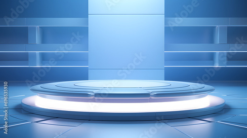 Beautiful futuristic technological light blue podium with light white CERAMIC panels for product presentation