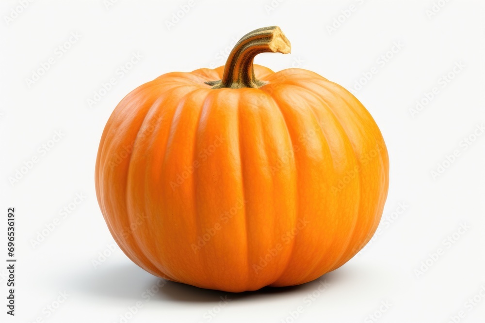 Obraz premium A small orange pumpkin sitting on a white surface. Can be used for Halloween decorations or fall-themed designs