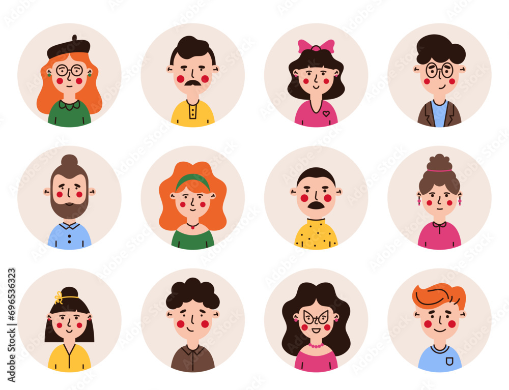 People avatar icons for social media, user profile, website and computer game. Colorful vector portraits of smiling people 
