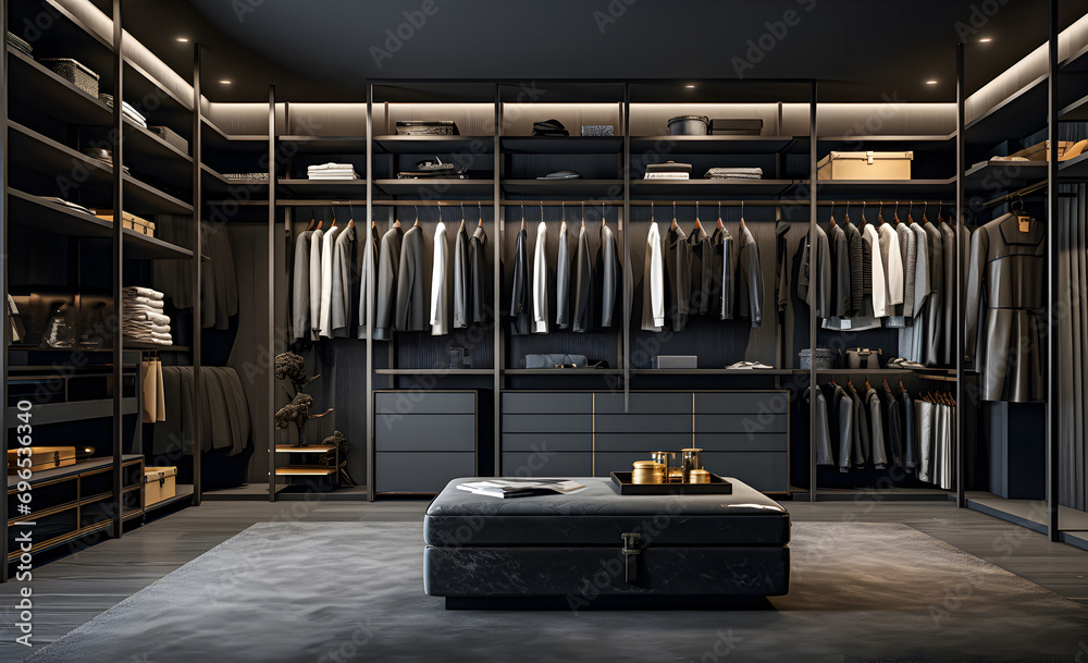Walk-in closet with charcoal gray walls and black shelving units - obrazy, fototapety, plakaty 