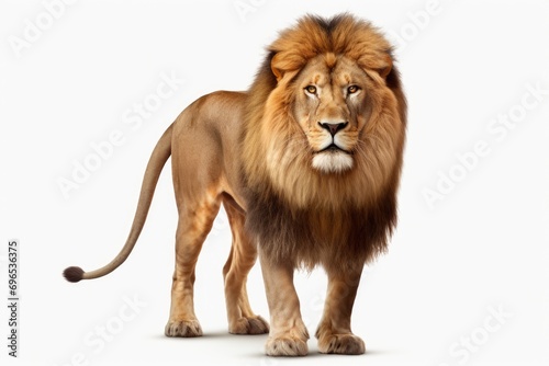 A powerful and regal lion standing confidently on a clean white surface. Perfect for animal lovers and wildlife enthusiasts.