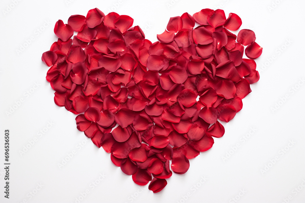 Red rose petals forming heart shape isolated on white background. High quality photo