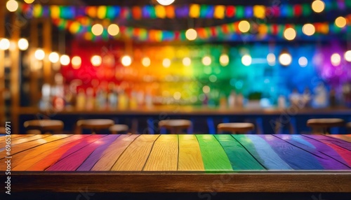miami bar background with empty wooden table for product display indoor blurred background colorful rainbow color bokeh lights copy space lgbt pride rainbow flag symbol gays and lesbians lgbt l © Raegan