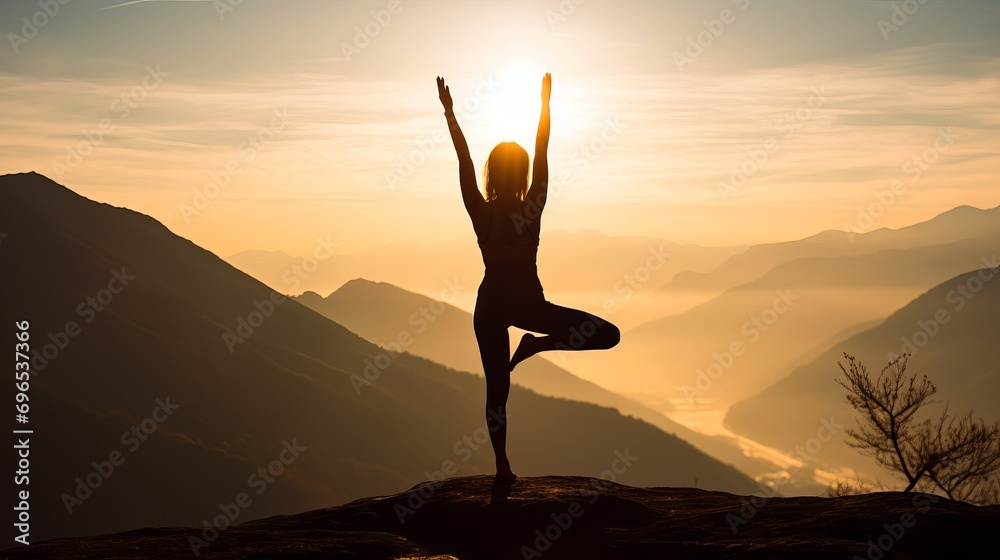A silhouette of a girl who exercises is practicing yoga on a mountain in the sunlight.