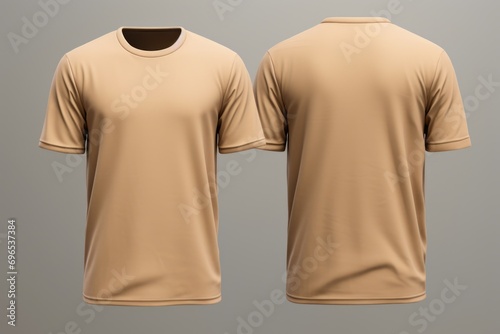 Two tan men's t-shirts are displayed on a plain gray background. This versatile image can be used to showcase clothing options, promote fashion brands, or illustrate casual style photo