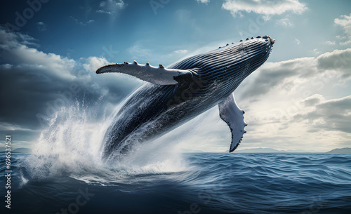 A shot of a blue whale breaching the ocean surface