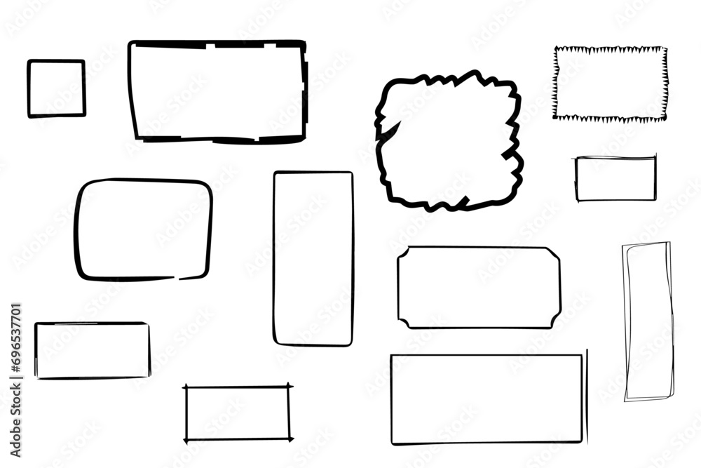 Obraz premium Handdrawn doodle charcoal pen grunge square rectangle borders. Frame and box elements with marker details. Rectangle, border, and brush squares. Squares rectangle vector set in sketch style