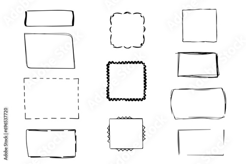 Handdrawn doodle charcoal pen grunge square rectangle borders. Frame and box elements with marker details. Rectangle, border, and brush squares. Squares rectangle vector set in sketch style