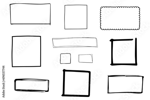 Handdrawn doodle charcoal pen grunge square rectangle borders. Frame and box elements with marker details. Rectangle, border, and brush squares. Squares rectangle vector set in sketch style photo