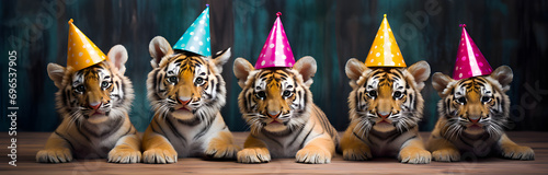 Five tiger cubs wear happy birthday party hats. They sit on wood. Blue wall behind. They look curious and playful photo