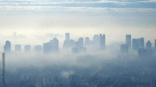 Panoramic aerial view of toxic dust in cityscape.Haze and fog are harmful to the respiratory system,concept.Concept of climate change, global warming, air pollution problems. photo