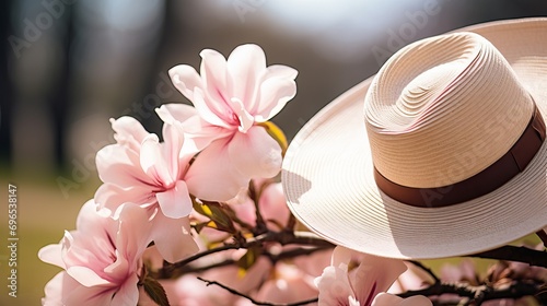 As spring flowers bloom, a woman wearing a straw hat with a wide brim places it on a magnolia tree that is in bloom.