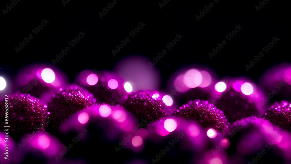 Small purple shiny balls with bokeh on dark background. Copy space for text. Concept of Christmas and New Year holidays. Small purple shiny balls with bokeh on dark background. Copy space for text. Concept of Christmas and New Year holidays.
