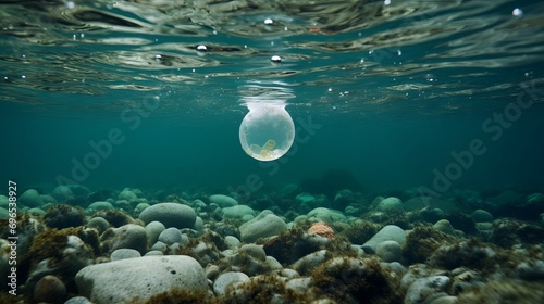 Microplastic particles are floating in the ocean as a result of ocean water pollution.
