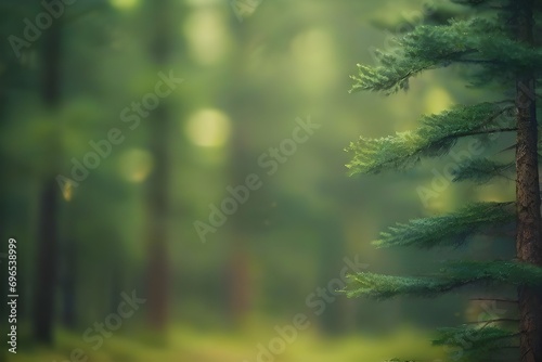 Blurry nature wallpaper. Pine forest bokeh background. Green defocused backdrop for your design. Generative Ai