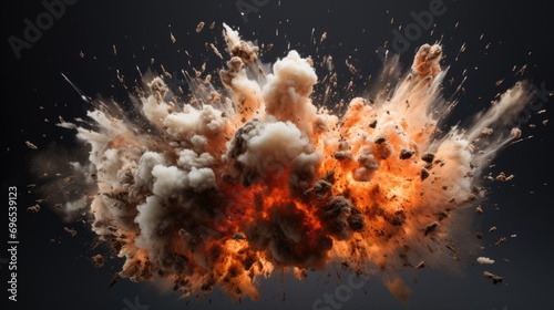 A powerful explosion releasing vibrant orange and white smoke. Ideal for illustrating energy, chaos, or dramatic events. Suitable for use in advertisements, presentations, or digital art projects