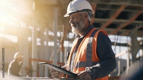 A man wearing a hard hat and safety vest holds a tablet. This image can be used to represent technology in the construction industry