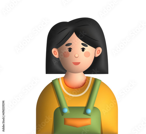 3D girl avatar with dark hairs and modern haircut,  cute  face smile,   young school teen  cartoon character. kindergarten head collection. EPS 10 vector. 
