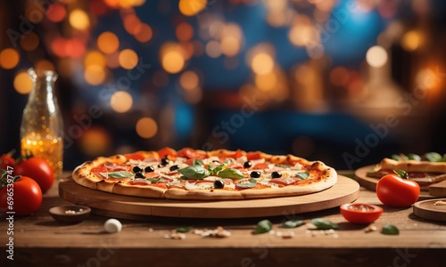 Pizza food on wooden table with decorations and defocused background
