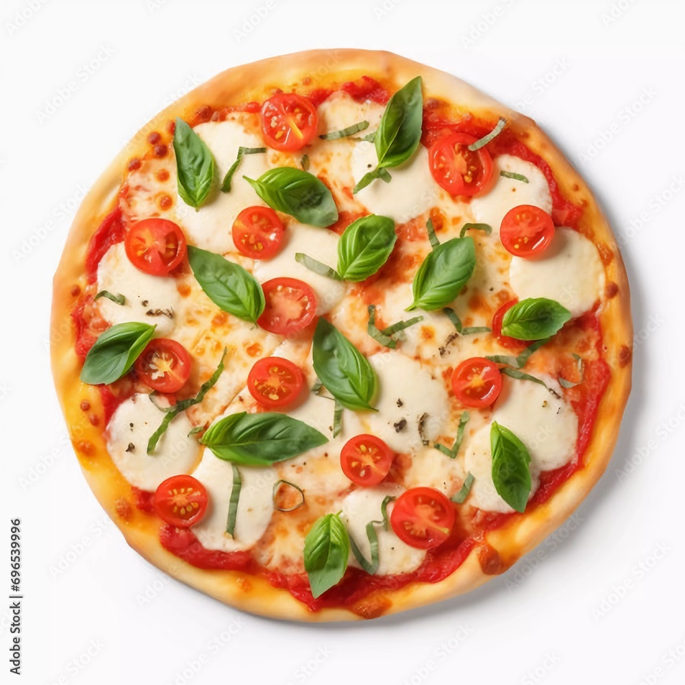Margherita pizza with mozzarella cheese, tomatoes and basil isolated on a white background, AI generator