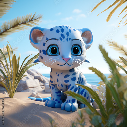 Leão azul com plantas verdes por todo o corpo fofo e feliz na praia tropical com folhagens verdes - Ilustração de personagem infantil 3D photo