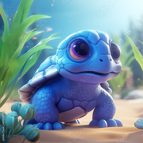 Tartaruga azul fofo e feliz na praia tropical com folhagens verdes - Ilustração de personagem infantil 3D photo