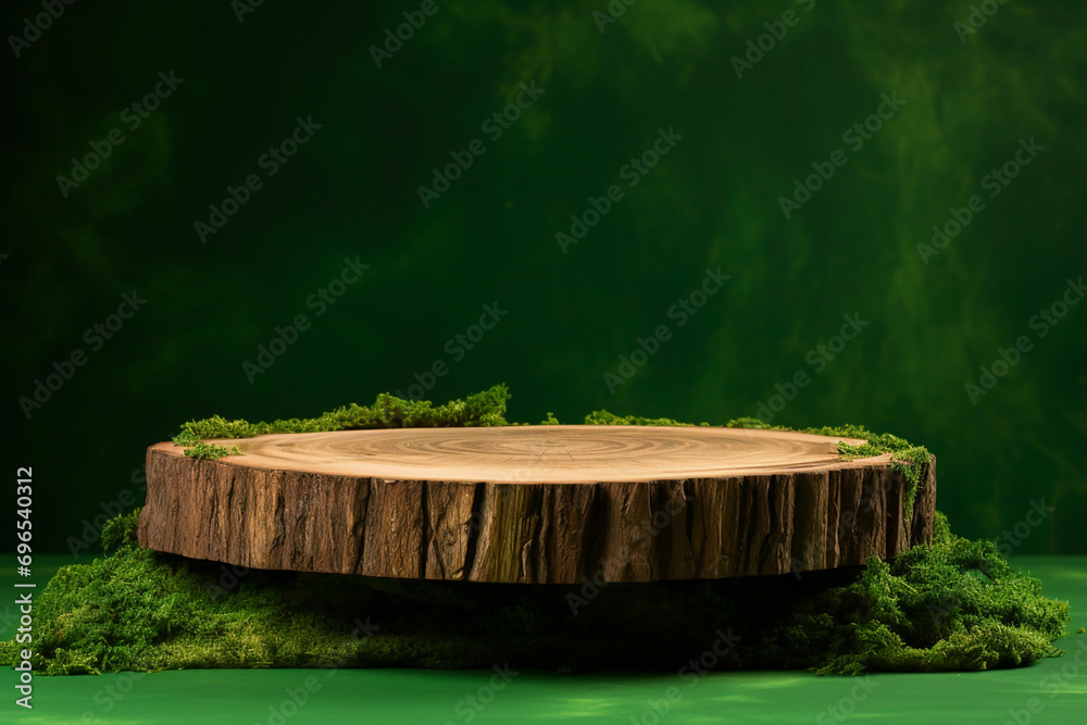 Wooden product display podium on green background