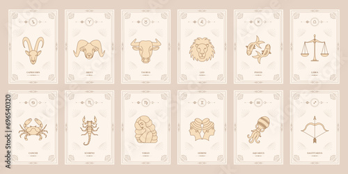 Zodiac astrology horoscope set. Celestial mystical zodiacal horoscope templates for logo, poster or card.