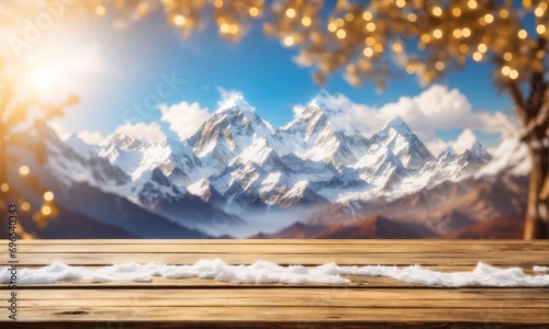 Empty Wooden table with mountain snow view, with copy space for product ads
