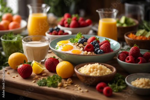 Healthy Vegetarian Breakfast at the Table With Eggs, Fruits, Vegetables and Grains.