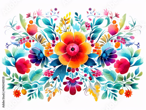 Illustration of watercolor abstract folk 0rnate flowers on white background