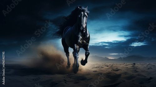 Dark horse run gallop in dust against. Fast free animal