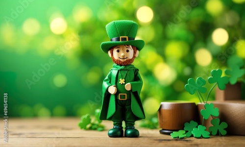 Toy wooden person wearing green clover costume and st patrick decorations with defocused background with green bokeh