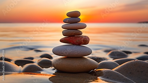 For sunrise light meditation and relaxation, zen stones are balanced on the beach.