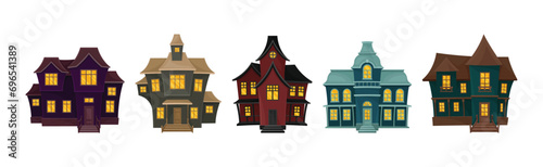 Gloomy Houses with Shiny Yellow Windows Vector Set