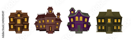 Gloomy Houses with Shiny Yellow Windows Vector Set