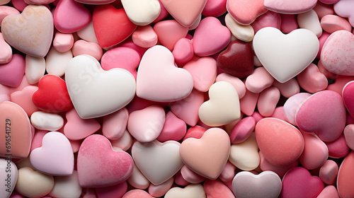 Background full of candies in pink shades with heart shapes and different sizes. Valentine's Day Concept