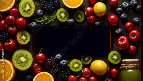 various fruits and berries on a dark background