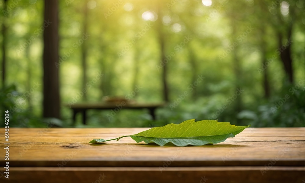 wooden table, tree leaf and kitchen decorations with defocused green forest background with golden bokeh wooden table, tree leaf and kitchen decorations with defocused green forest background with golden bokeh