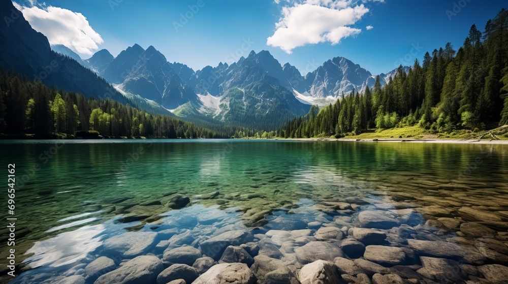 The tatra national park in poland is regarded as one of the most famous mountain ranges, lake morskie oko or sea eye lake in the high tatras valley. - obrazy, fototapety, plakaty 