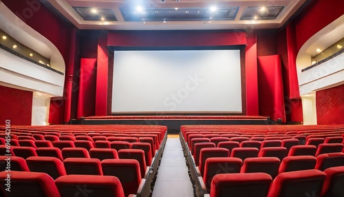 empty cinema in red color with white blank screen