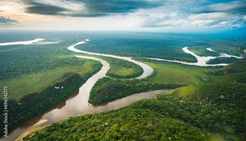 aerial view of the amazonas jungle landscape with river bend