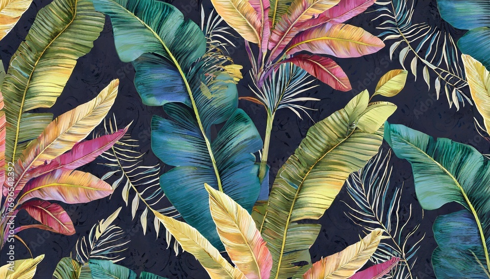 tropical luxury exotic seamless pattern pastel colorful banana leaves palm hand drawn vintage 3d illustration dark glamorous background design good for wallpapers tapestry cloth fabric printing