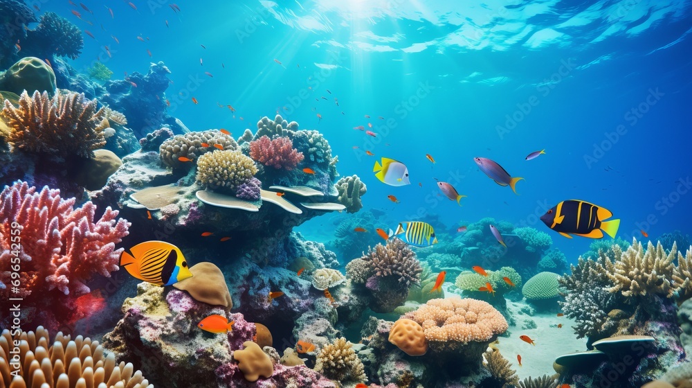 Obraz premium The underwater realm is filled with corals and tropical fish