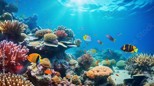 The underwater realm is filled with corals and tropical fish